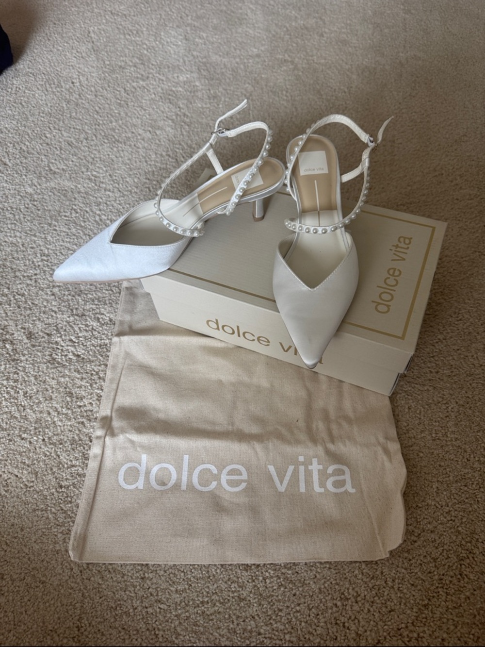 Dolce Vita Ivory Pearl-Embellished Pointed Slingback Heels